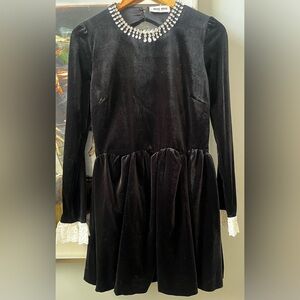 Miu Miu Black Velvet Dress with Crystal Collar and White Lace Cuffs